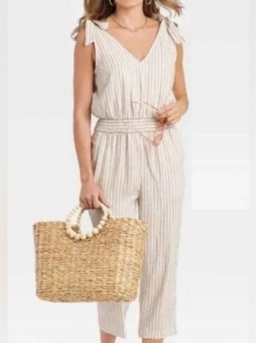 Women’s A New Day Tie Shoulder V-neck Striped Cropped Jumpsuit Small Linen Blend